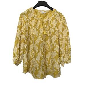 Chicos‎ Womens Floral Textured Blouse Top Size 16 Yellow Tassel Bohemian Boxy